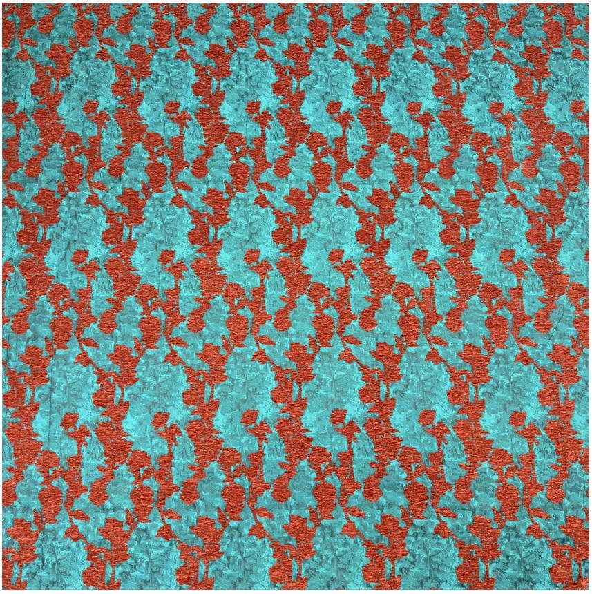 Teal & Rust Rayon Chenille Jacquard Fabric, 3D Flocked Floral Textile for Dresses, Vests, Jackets and Sewing, 56"Wide