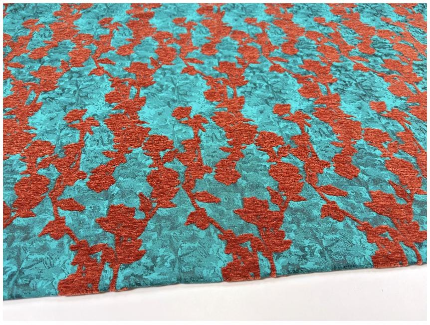 Teal & Rust Rayon Chenille Jacquard Fabric, 3D Flocked Floral Textile for Dresses, Vests, Jackets and Sewing, 56"Wide