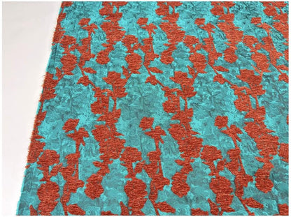 Teal & Rust Rayon Chenille Jacquard Fabric, 3D Flocked Floral Textile for Dresses, Vests, Jackets and Sewing, 56"Wide