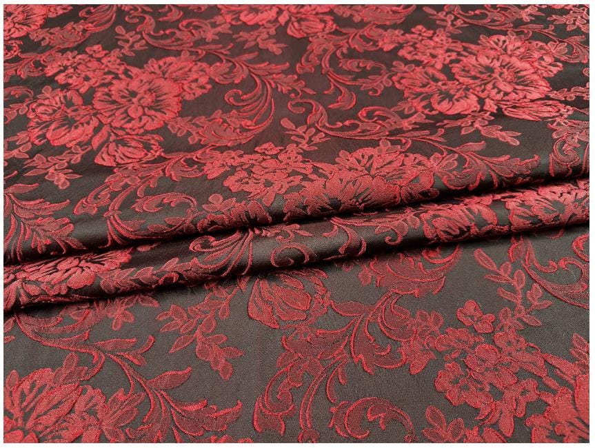 Black Red Yellow 3D Embossed Floral Jacquard Fabric, Structured Textured Textile for Wide-Leg Pants, Trench Coats, Tang Jackets and Sewing