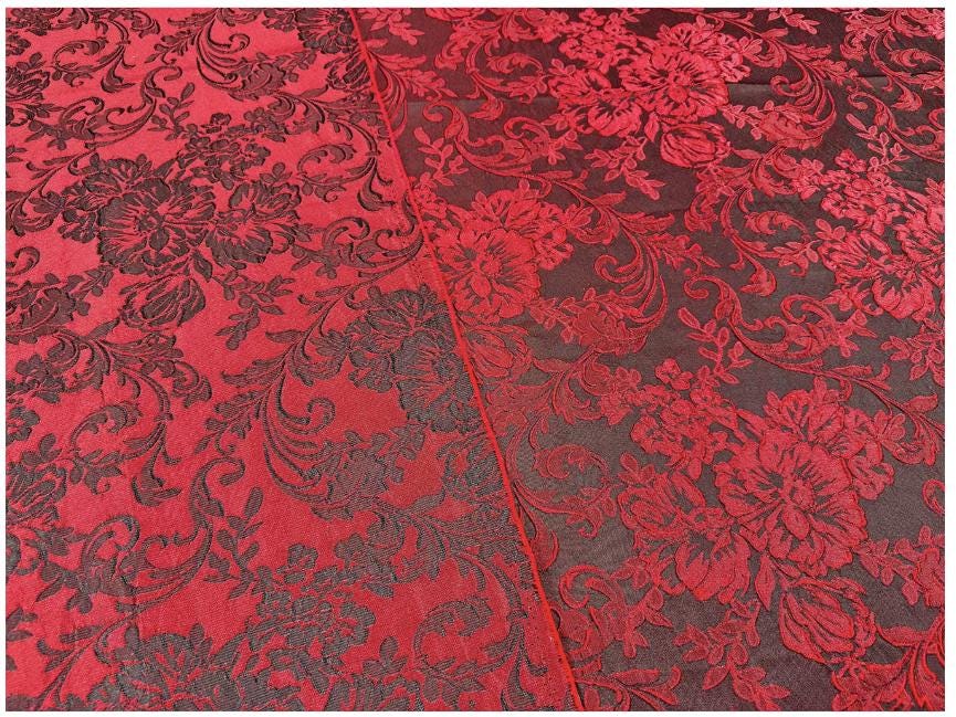 Black Red Yellow 3D Embossed Floral Jacquard Fabric, Structured Textured Textile for Wide-Leg Pants, Trench Coats, Tang Jackets and Sewing