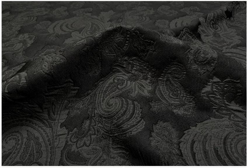 Black Paisley Jacquard Fabric, Tone-on-Tone Textured Suiting Textile for Dresses, Trench Coats, Jackets, Pants and Sewing