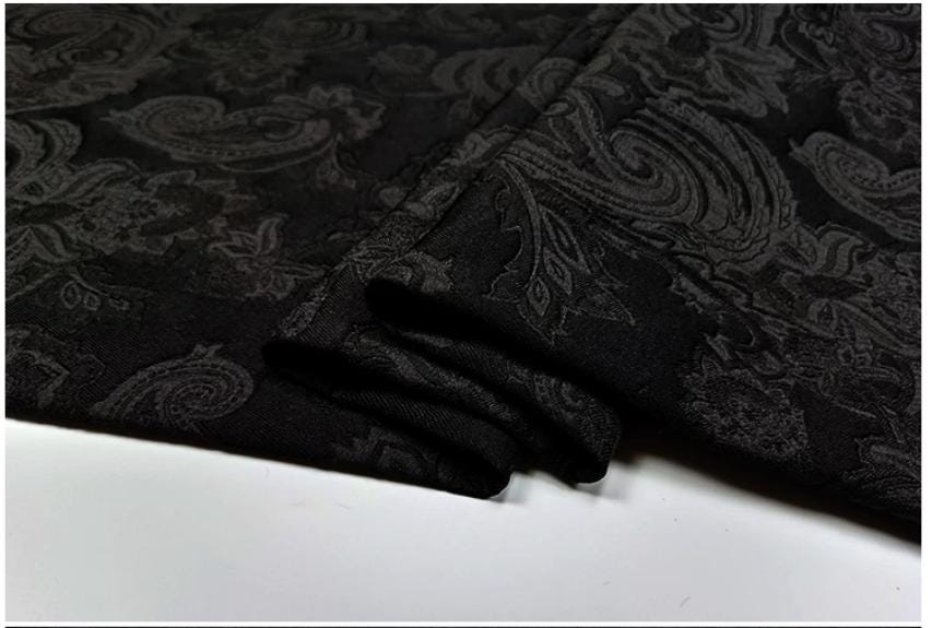 Black Paisley Jacquard Fabric, Tone-on-Tone Textured Suiting Textile for Dresses, Trench Coats, Jackets, Pants and Sewing