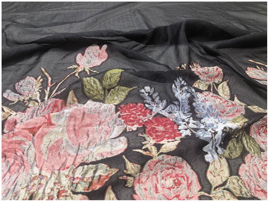 Black Sheer Floral Chiffon Jacquard Fabric, 3D Cut Flower Border Panel, 1.5m Placement for Dresses, Gowns and Sewing