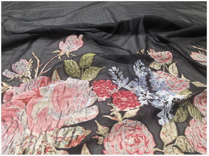Black Sheer Floral Chiffon Jacquard Fabric, 3D Cut Flower Border Panel, 1.5m Placement for Dresses, Gowns and Sewing