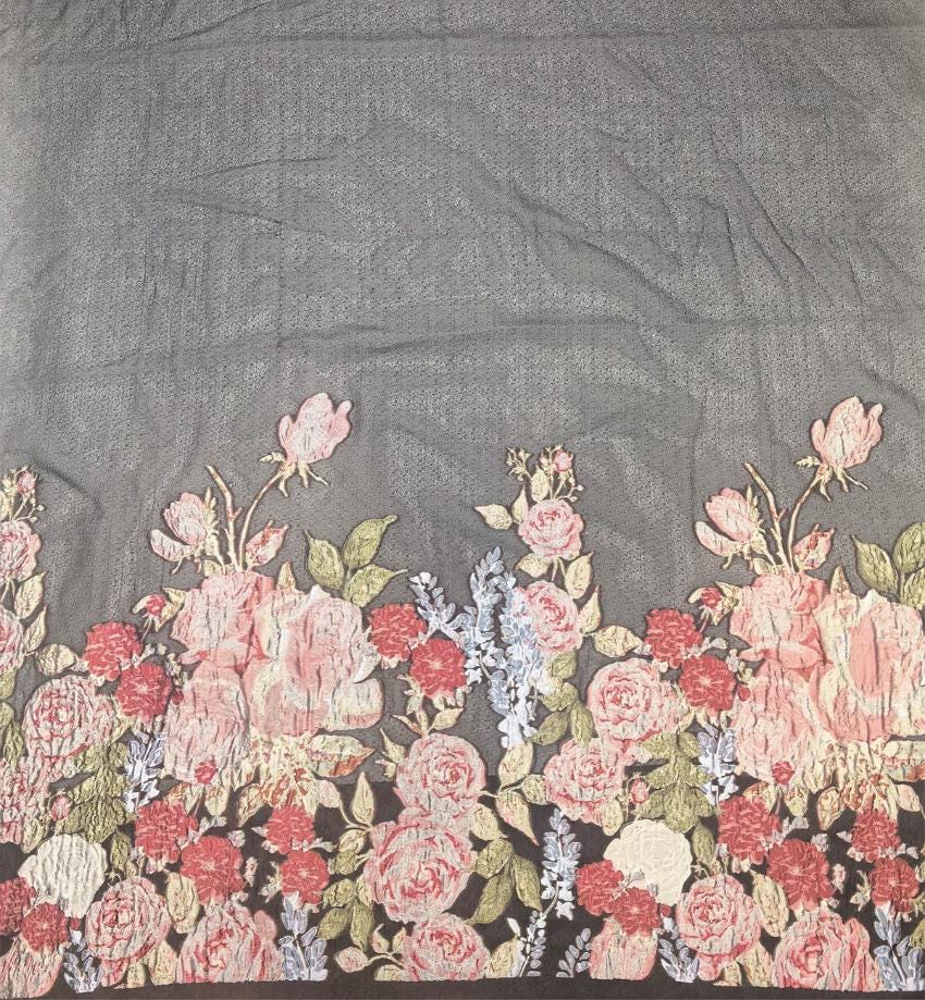 Black Sheer Floral Chiffon Jacquard Fabric, 3D Cut Flower Border Panel, 1.5m Placement for Dresses, Gowns and Sewing