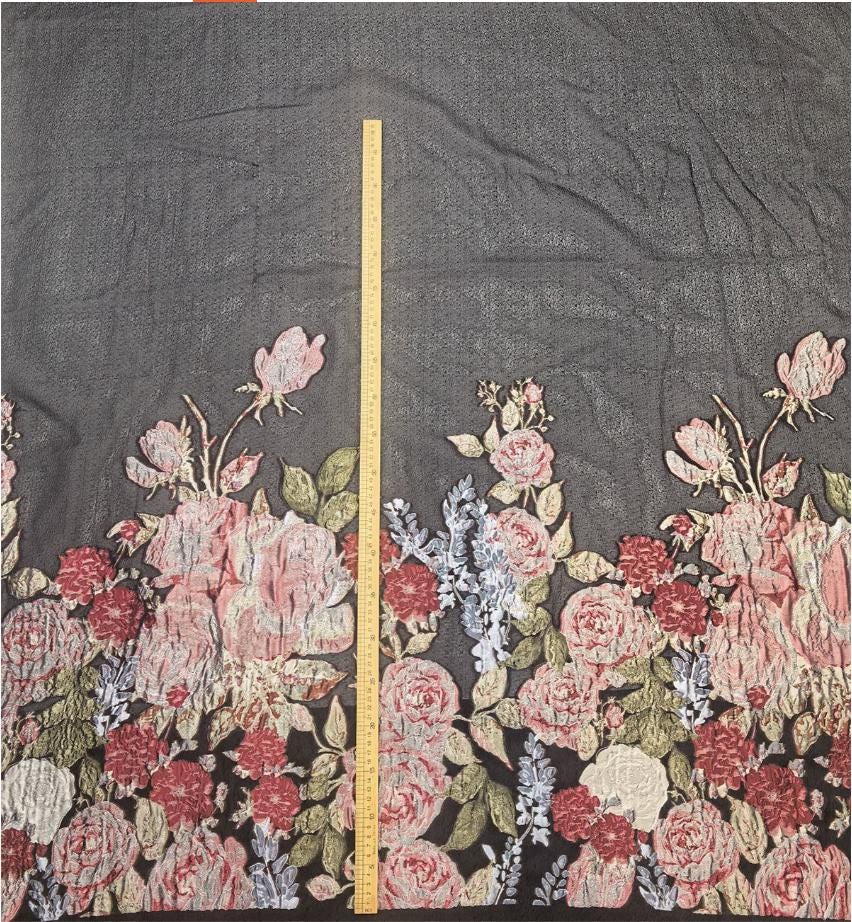 Black Sheer Floral Chiffon Jacquard Fabric, 3D Cut Flower Border Panel, 1.5m Placement for Dresses, Gowns and Sewing