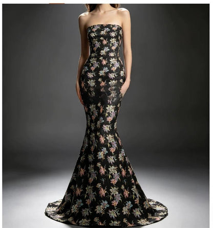 Black Multicolor Lily Jacquard Brocade Fabric, 3D Metallic Floral Textile for Gowns, Puff Sleeves, Dresses and Sewing