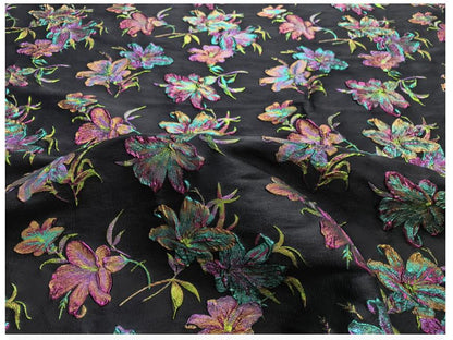Black Multicolor Lily Jacquard Brocade Fabric, 3D Metallic Floral Textile for Gowns, Puff Sleeves, Dresses and Sewing