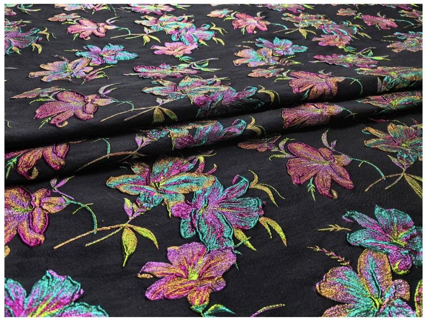 Black Multicolor Lily Jacquard Brocade Fabric, 3D Metallic Floral Textile for Gowns, Puff Sleeves, Dresses and Sewing
