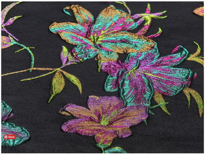 Black Multicolor Lily Jacquard Brocade Fabric, 3D Metallic Floral Textile for Gowns, Puff Sleeves, Dresses and Sewing