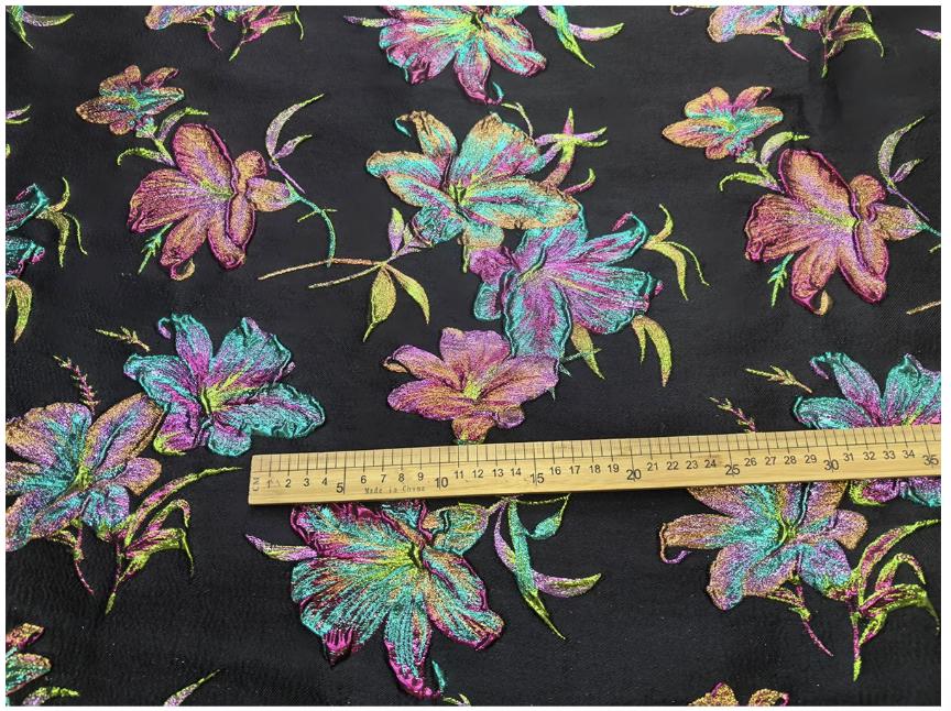 Black Multicolor Lily Jacquard Brocade Fabric, 3D Metallic Floral Textile for Gowns, Puff Sleeves, Dresses and Sewing