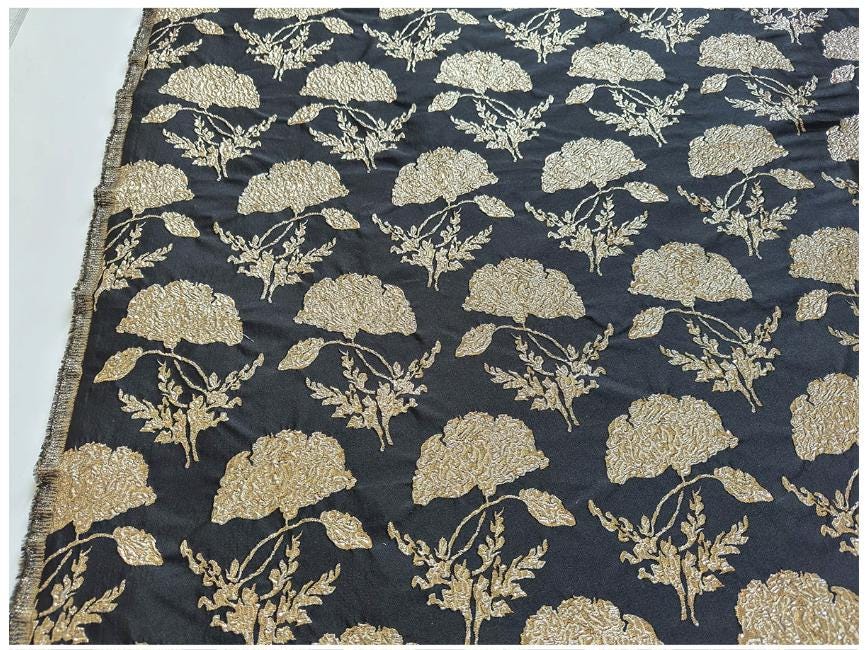 Black Gold Floral Jacquard Brocade Fabric, 3D Metallic Textured Textile for Evening Gowns, Jackets, Dresses and Sewing
