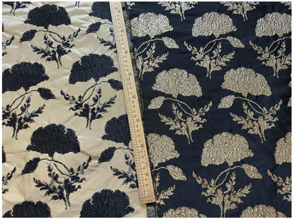 Black Gold Floral Jacquard Brocade Fabric, 3D Metallic Textured Textile for Evening Gowns, Jackets, Dresses and Sewing