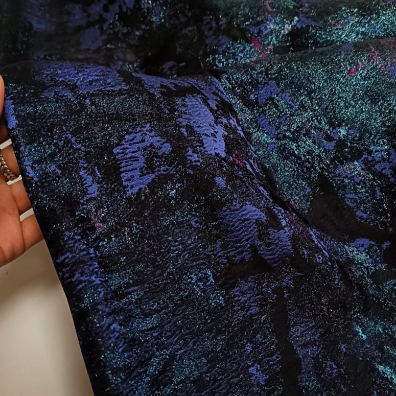 Retro Style Blue Green Metallic Jacquard Fabric, Moss Texture, 81 Polyester 19 Metallic Fiber for Dresses, Jackets and Sewing