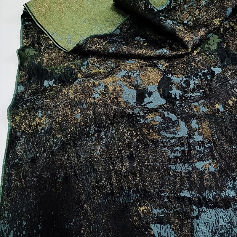 Retro Style Blue Green Metallic Jacquard Fabric, Moss Texture, 81 Polyester 19 Metallic Fiber for Dresses, Jackets and Sewing