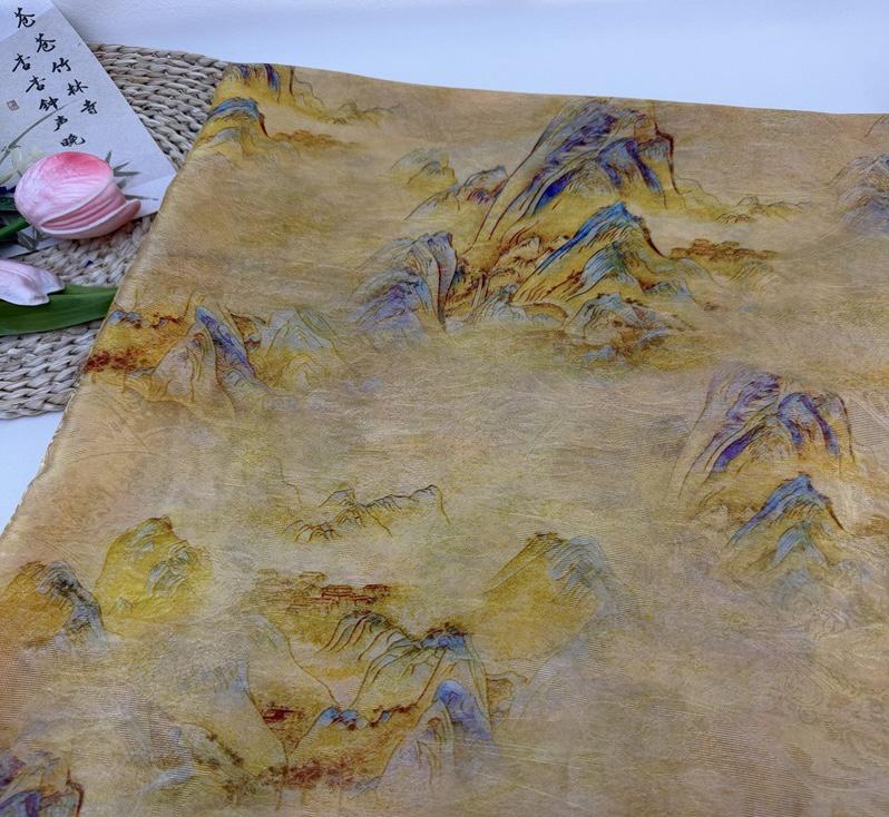 Golden Landscape Print Fabric, Painterly Mountain Scenic Textile with Subtle Woven Texture for Dresses, Qipao, Scarves, Decor and Sewing