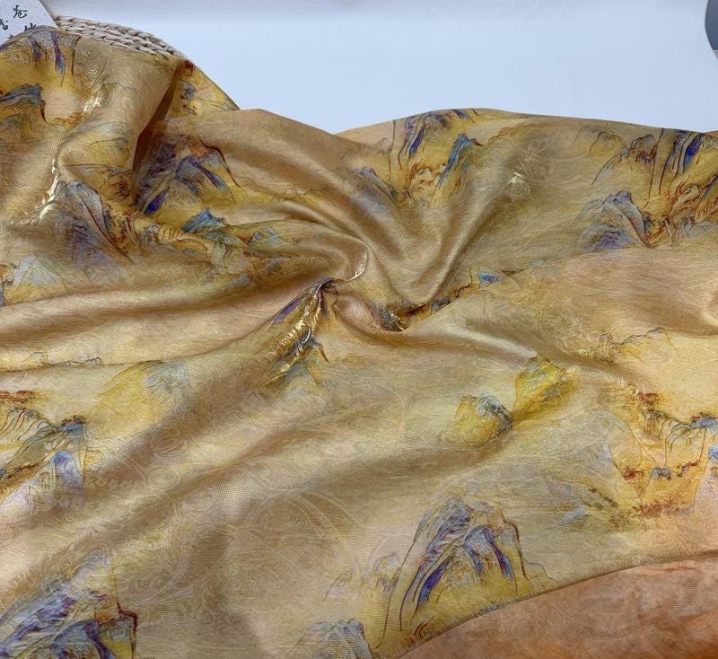 Golden Landscape Print Fabric, Painterly Mountain Scenic Textile with Subtle Woven Texture for Dresses, Qipao, Scarves, Decor and Sewing