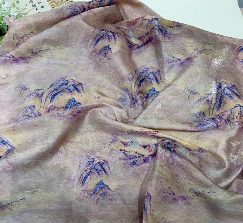 Golden Landscape Print Fabric, Painterly Mountain Scenic Textile with Subtle Woven Texture for Dresses, Qipao, Scarves, Decor and Sewing