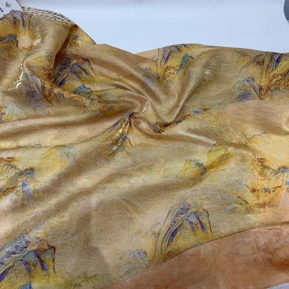 Golden Landscape Print Fabric, Painterly Mountain Scenic Textile with Subtle Woven Texture for Dresses, Qipao, Scarves, Decor and Sewing