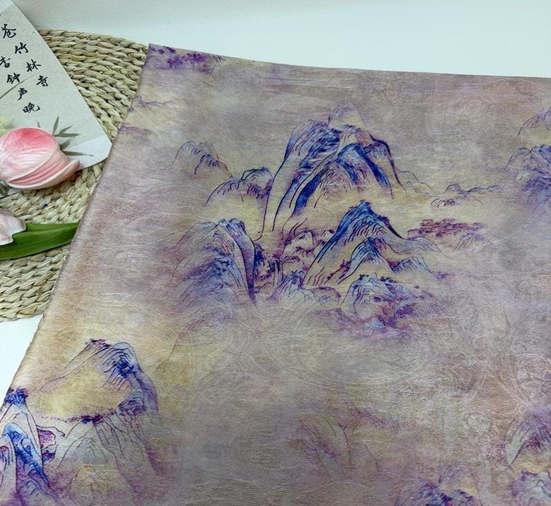 Golden Landscape Print Fabric, Painterly Mountain Scenic Textile with Subtle Woven Texture for Dresses, Qipao, Scarves, Decor and Sewing
