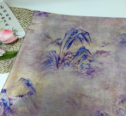Golden Landscape Print Fabric, Painterly Mountain Scenic Textile with Subtle Woven Texture for Dresses, Qipao, Scarves, Decor and Sewing