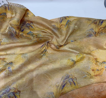 Golden Landscape Print Fabric, Painterly Mountain Scenic Textile with Subtle Woven Texture for Dresses, Qipao, Scarves, Decor and Sewing