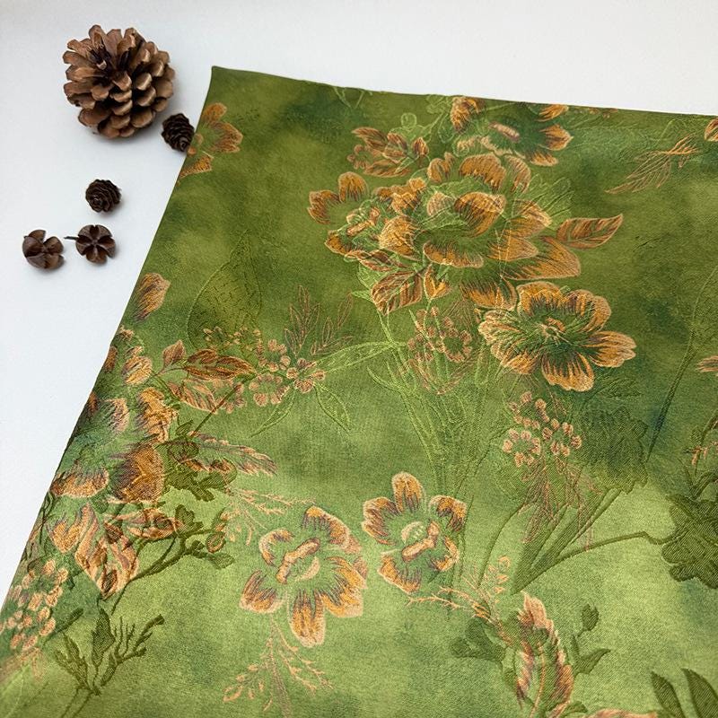 Olive Green Painterly Floral Print Fabric, Large Botanical Flower Textile for Dresses, Skirts, Jackets, Bags, Decor and Sewing