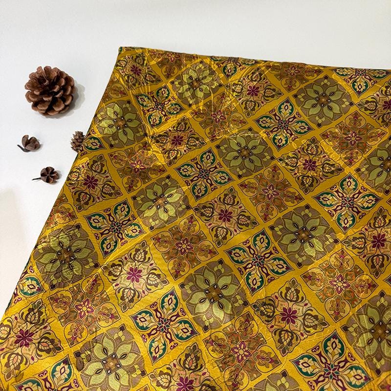 Olive Green & Gold Baoxiang Floral Print Fabric, Ornamental Geometric Medallion Textile for Dresses, Bags, Decor, Crafts and Sewing