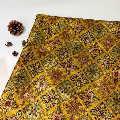 Olive Green & Gold Baoxiang Floral Print Fabric, Ornamental Geometric Medallion Textile for Dresses, Bags, Decor, Crafts and Sewing