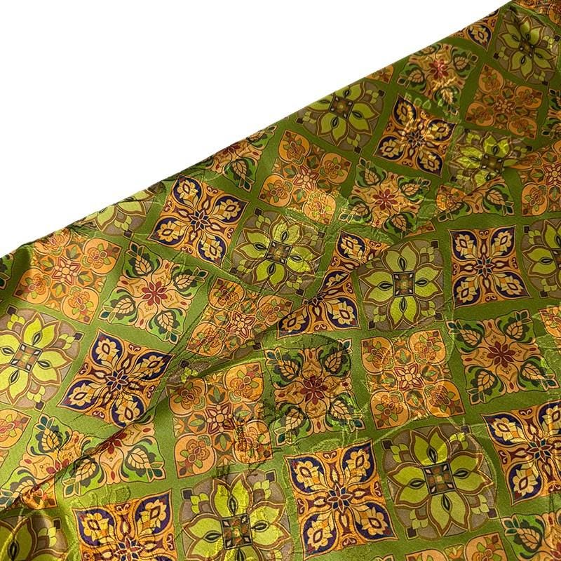 Olive Green & Gold Baoxiang Floral Print Fabric, Ornamental Geometric Medallion Textile for Dresses, Bags, Decor, Crafts and Sewing
