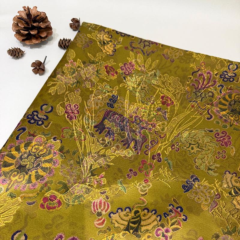 Dusty Rose Floral Tea Satin Jacquard Fabric, Multicolor Ornamental Woven Textile for Dresses, Qipao, Bags and Sewing