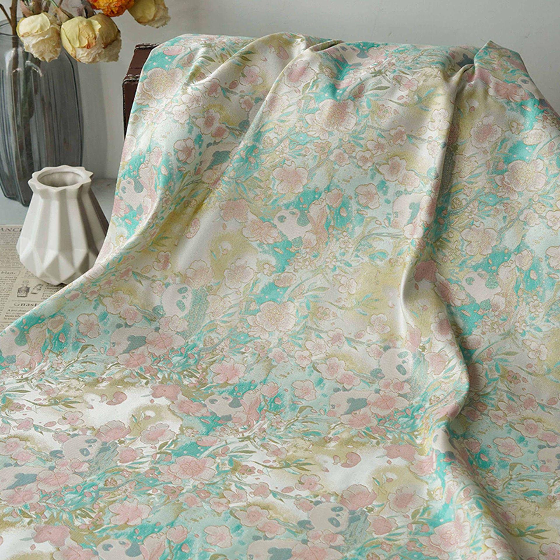 Panda & Cherry Blossom Song Brocade Fabric, Gold Thread Jacquard Textile, 2 Colors for Qipao, Hanfu, Bags and Sewing, 65" Wide