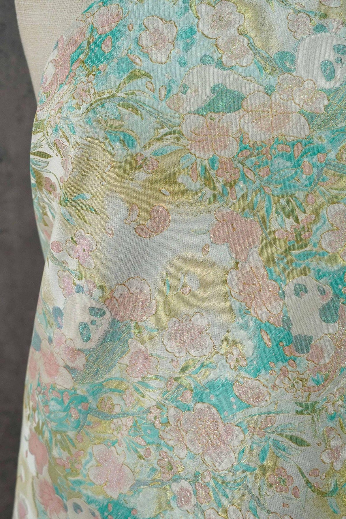 Panda & Cherry Blossom Song Brocade Fabric, Gold Thread Jacquard Textile, 2 Colors for Qipao, Hanfu, Bags and Sewing, 65" Wide