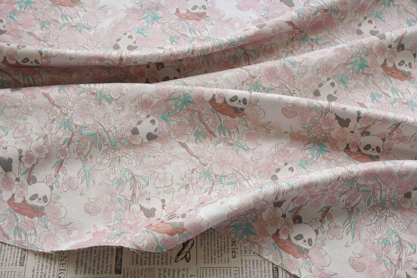 Panda & Cherry Blossom Song Brocade Fabric, Gold Thread Jacquard Textile, 2 Colors for Qipao, Hanfu, Bags and Sewing, 65" Wide
