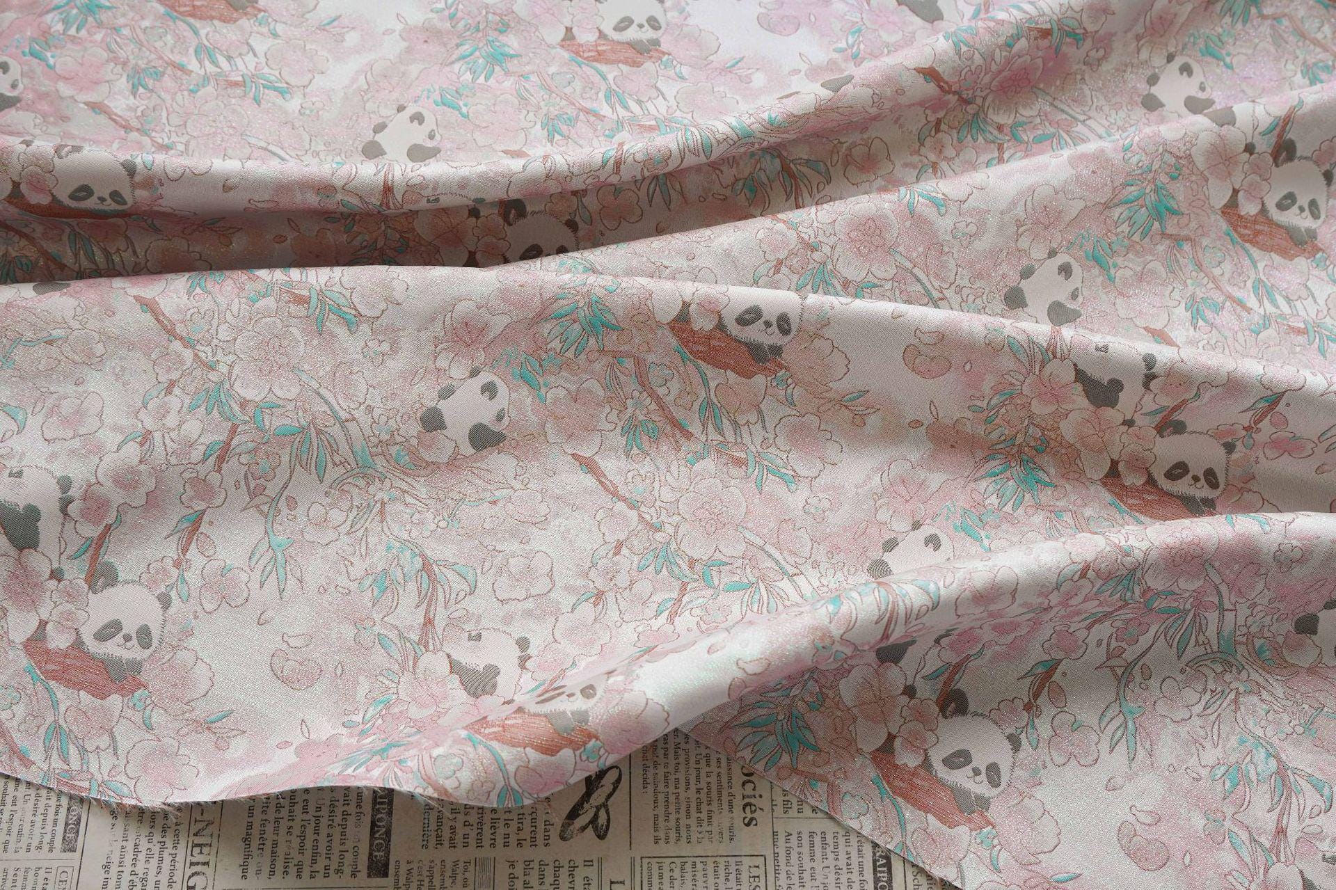 Panda & Cherry Blossom Song Brocade Fabric, Gold Thread Jacquard Textile, 2 Colors for Qipao, Hanfu, Bags and Sewing, 65" Wide