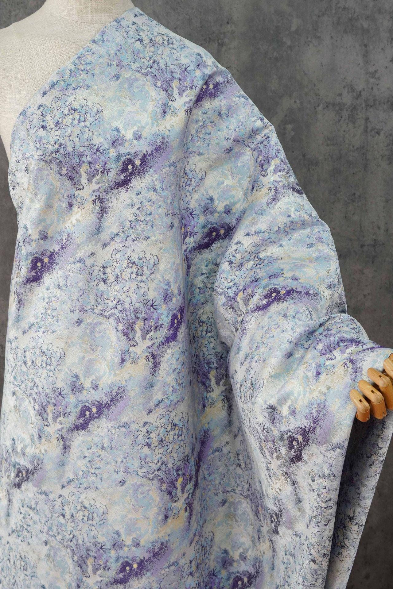 Lavender Blue Crane Landscape Jacquard Brocade Fabric, Gold Thread Scenic Woven Textile for Qipao, Dresses, Jackets, Bags and Sewing, 60"