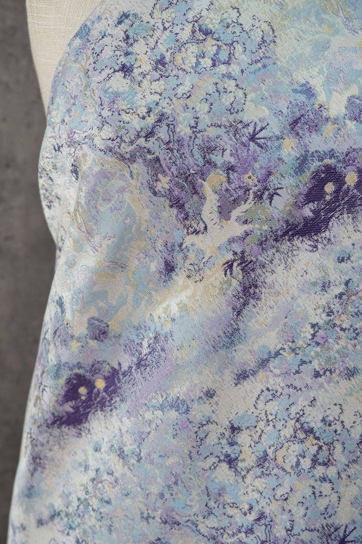 Lavender Blue Crane Landscape Jacquard Brocade Fabric, Gold Thread Scenic Woven Textile for Qipao, Dresses, Jackets, Bags and Sewing, 60"
