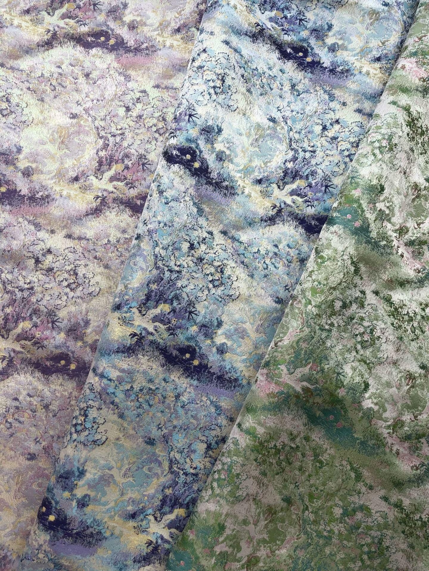 Lavender Blue Crane Landscape Jacquard Brocade Fabric, Gold Thread Scenic Woven Textile for Qipao, Dresses, Jackets, Bags and Sewing, 60"