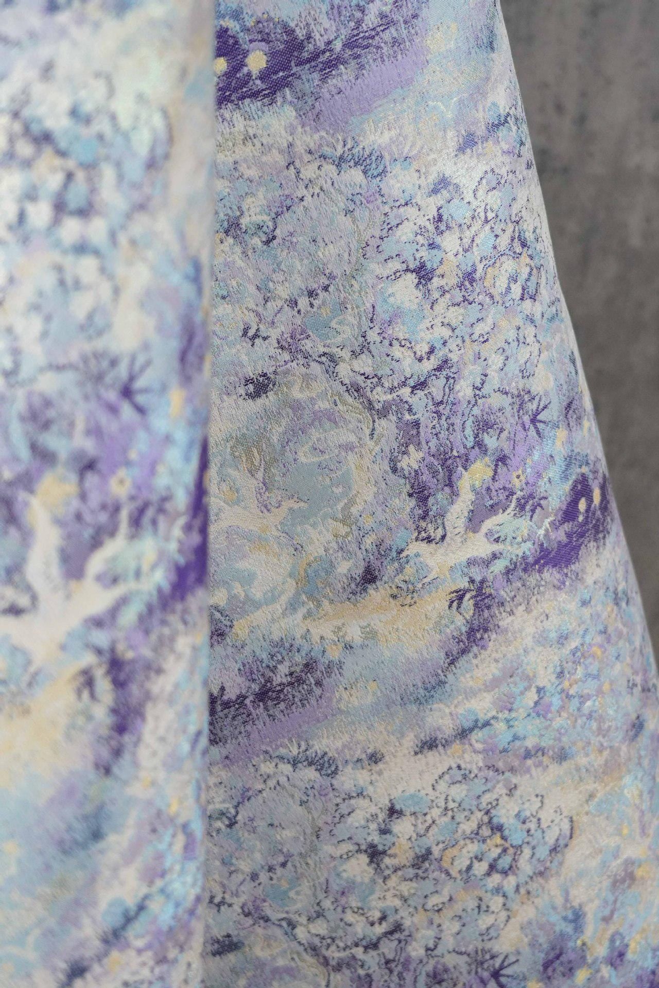 Lavender Blue Crane Landscape Jacquard Brocade Fabric, Gold Thread Scenic Woven Textile for Qipao, Dresses, Jackets, Bags and Sewing, 60"