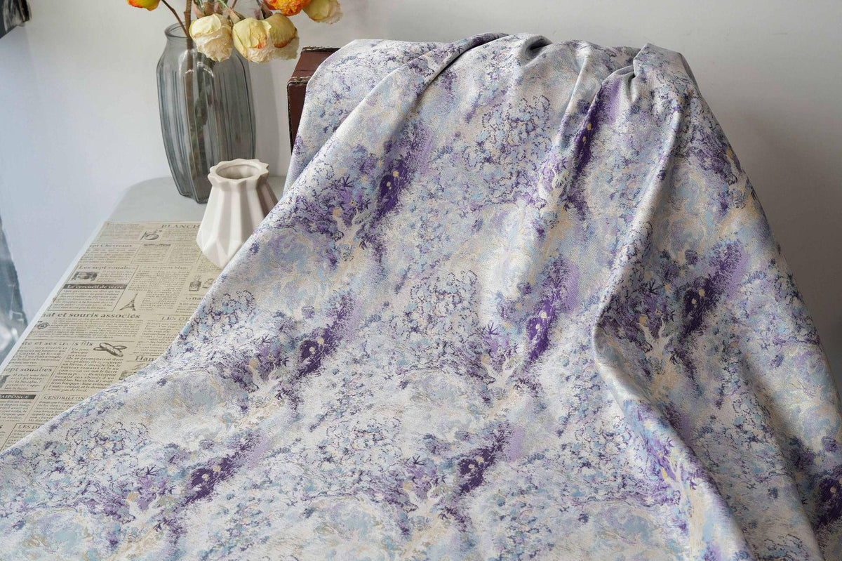 Lavender Blue Crane Landscape Jacquard Brocade Fabric, Gold Thread Scenic Woven Textile for Qipao, Dresses, Jackets, Bags and Sewing, 60"