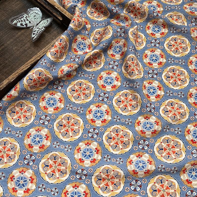 Blue Ornamental Medallion Print Cotton Fabric, Baoxiang Floral Textile for Dresses, Quilting, Bags, Crafts and Sewing (59 inch)