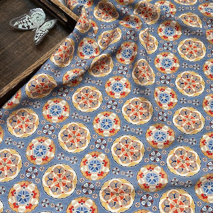 Blue Ornamental Medallion Print Cotton Fabric, Baoxiang Floral Textile for Dresses, Quilting, Bags, Crafts and Sewing (59 inch)