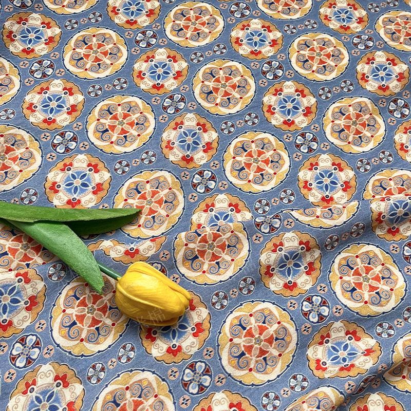 Blue Ornamental Medallion Print Cotton Fabric, Baoxiang Floral Textile for Dresses, Quilting, Bags, Crafts and Sewing (59 inch)