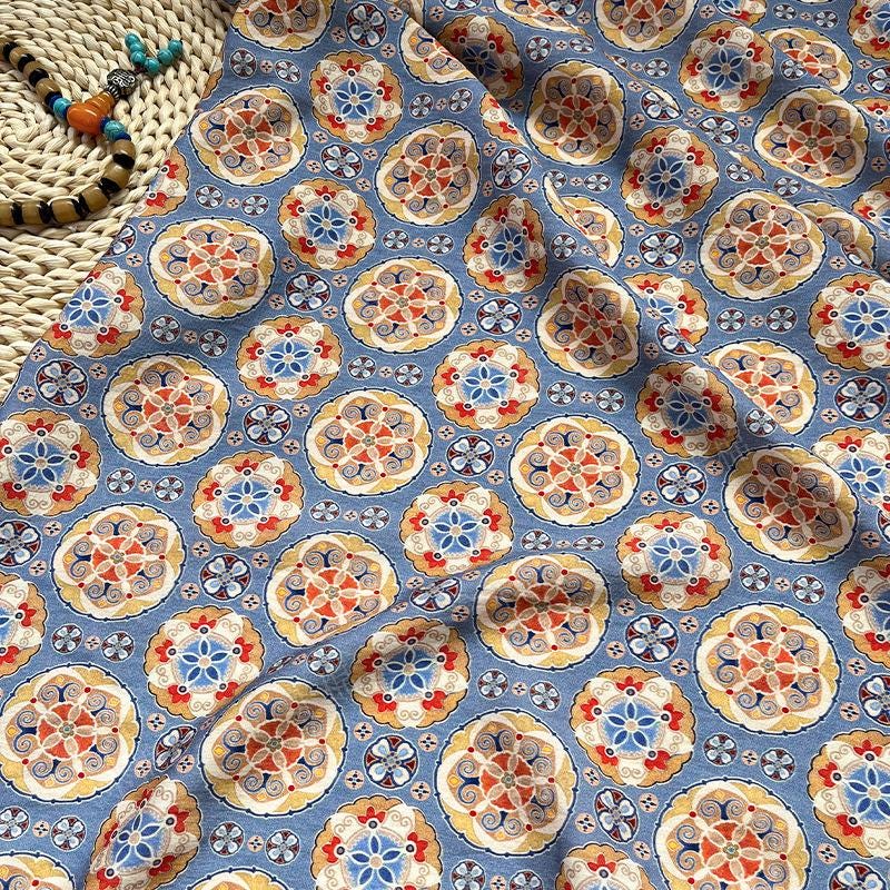 Blue Ornamental Medallion Print Cotton Fabric, Baoxiang Floral Textile for Dresses, Quilting, Bags, Crafts and Sewing (59 inch)