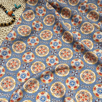 Blue Ornamental Medallion Print Cotton Fabric, Baoxiang Floral Textile for Dresses, Quilting, Bags, Crafts and Sewing (59 inch)