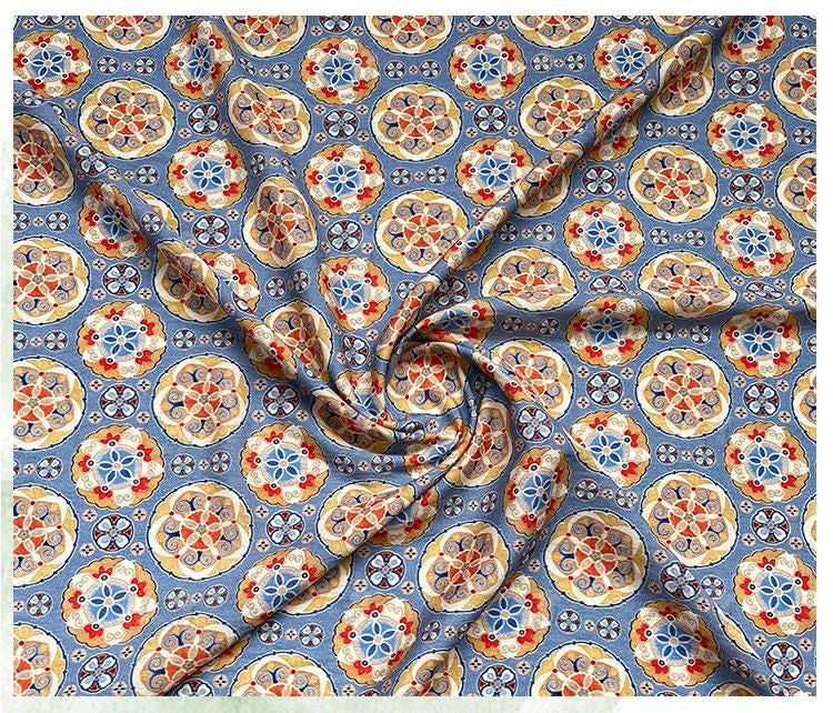 Blue Ornamental Medallion Print Cotton Fabric, Baoxiang Floral Textile for Dresses, Quilting, Bags, Crafts and Sewing (59 inch)