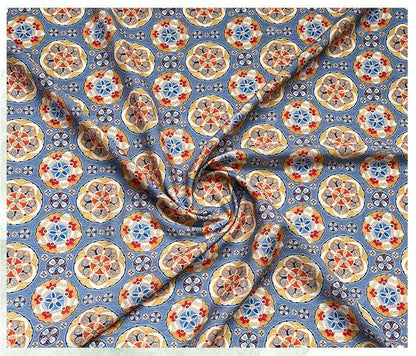 Blue Ornamental Medallion Print Cotton Fabric, Baoxiang Floral Textile for Dresses, Quilting, Bags, Crafts and Sewing (59 inch)