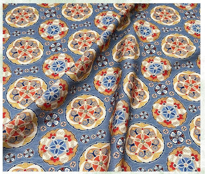Blue Ornamental Medallion Print Cotton Fabric, Baoxiang Floral Textile for Dresses, Quilting, Bags, Crafts and Sewing (59 inch)