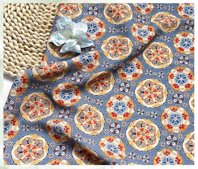 Blue Ornamental Medallion Print Cotton Fabric, Baoxiang Floral Textile for Dresses, Quilting, Bags, Crafts and Sewing (59 inch)